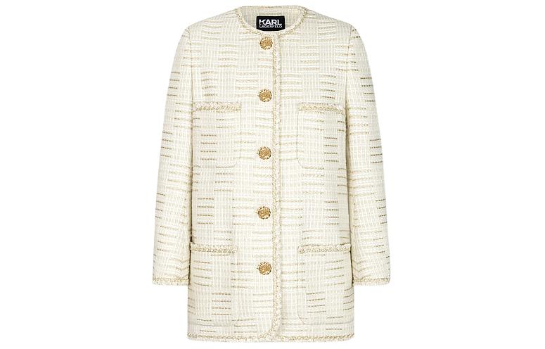 (Women) KARL LAGERFELD  White Tweed Mid-Length Jacket for Casual or Outdoor Use E41W1510