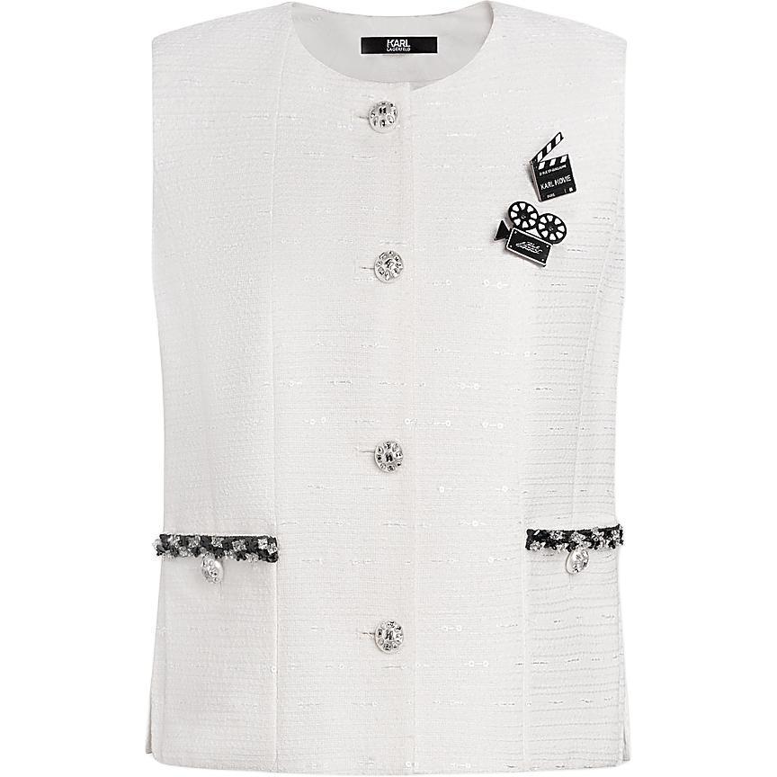Order (Women) KARL LAGERFELD  White Tweed Round Neck Vest - Casual & Chic Style 241L1420
