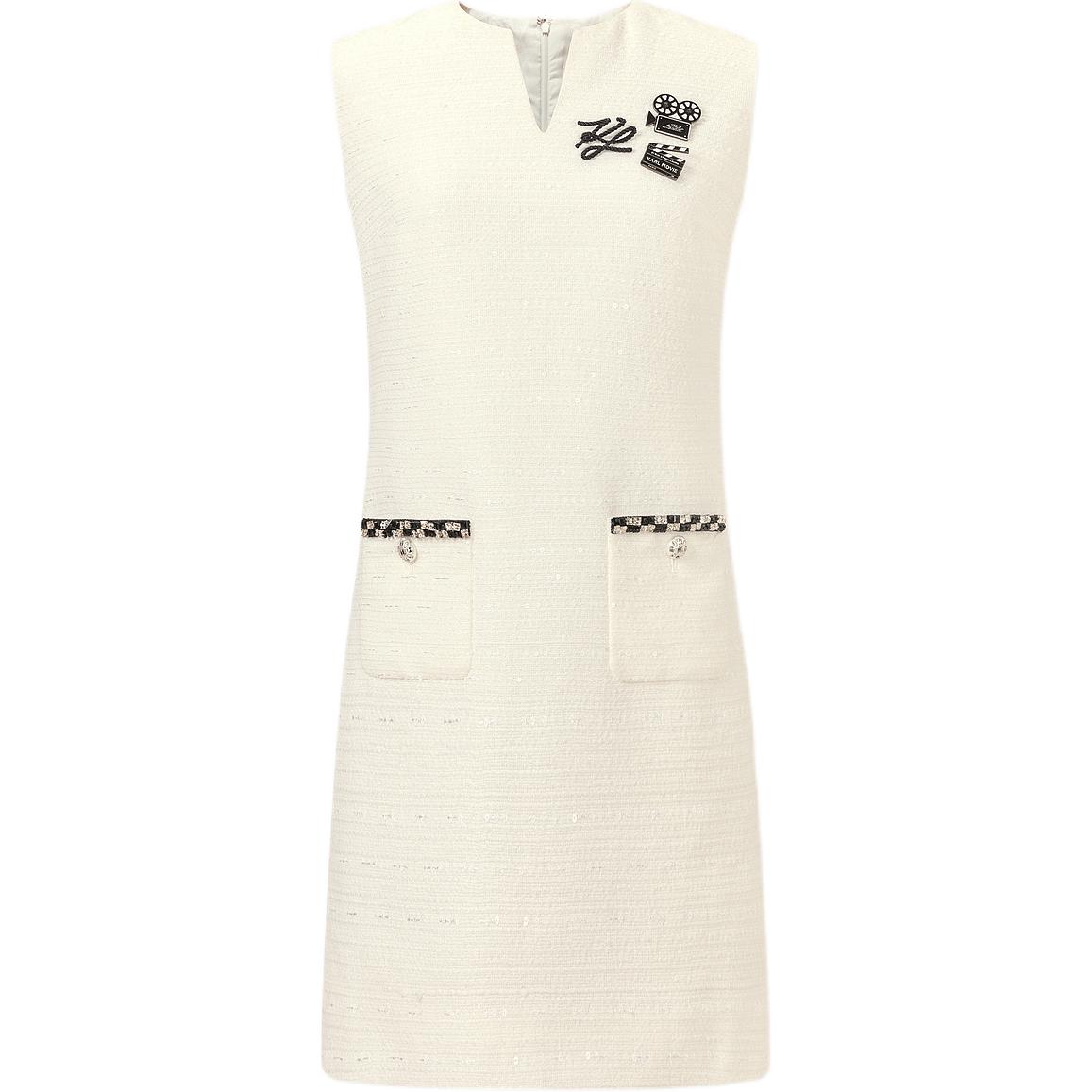 (Women) KARL LAGERFELD  White Tweed V-Neck Sleeveless Casual Dress. 241L1318