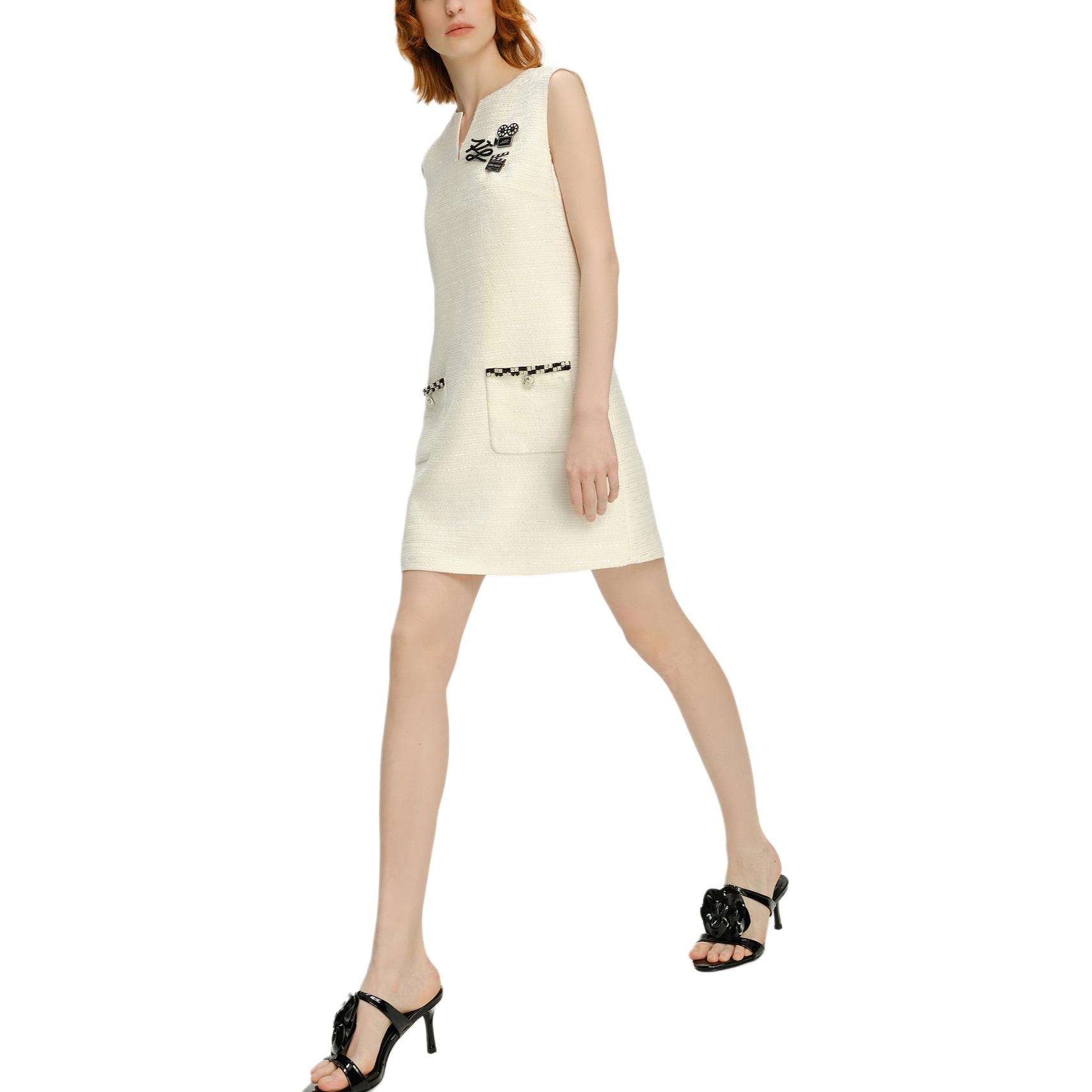 Purchase (W) KARL LAGERFELD Gaun Kasual Tanpa Lengan Tweed Putih V-Neck. 241L1318