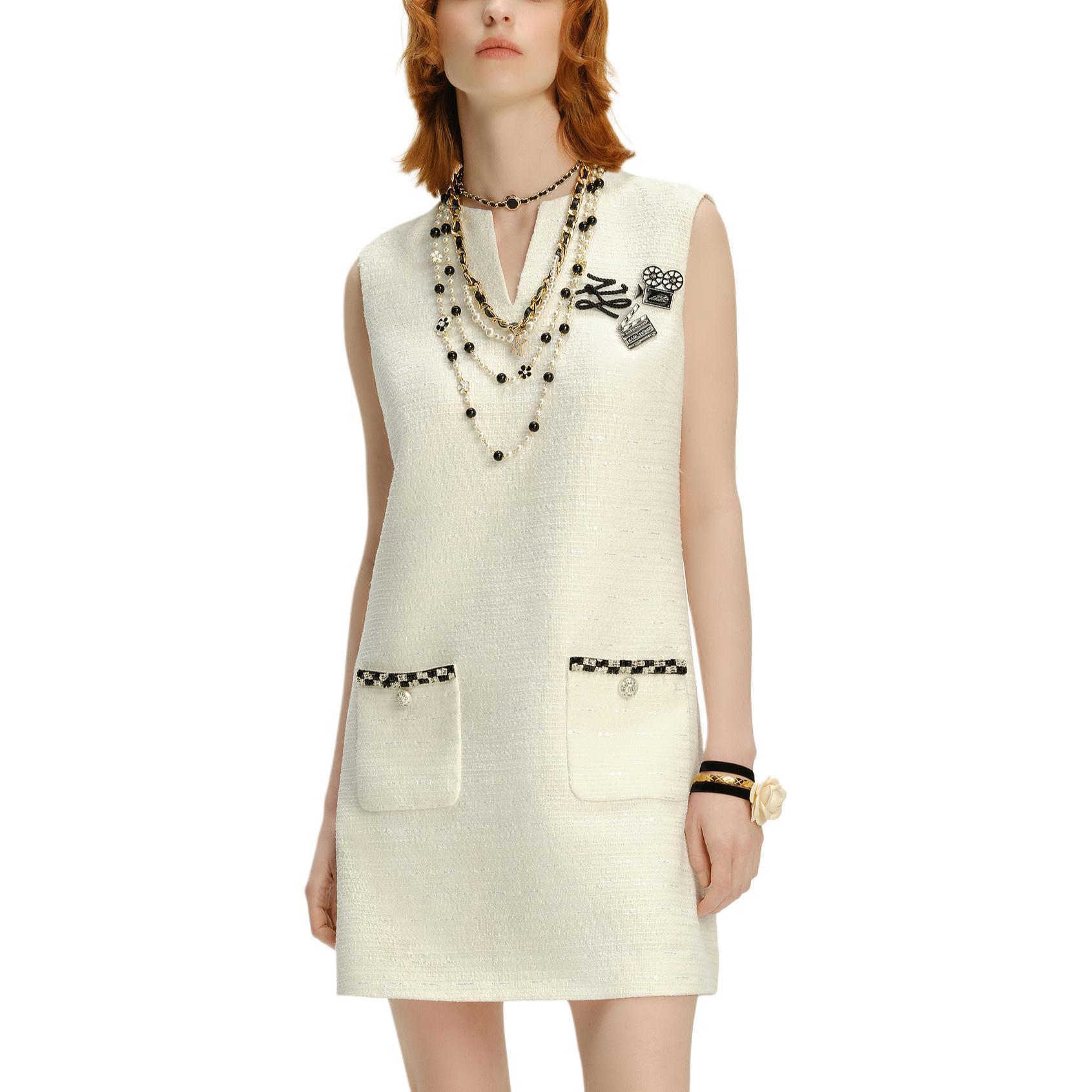Details for (W) KARL LAGERFELD Gaun Kasual Tanpa Lengan Tweed Putih V-Neck. 241L1318