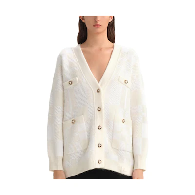(Women) KARL LAGERFELD White V-Neck Knit Cardigan for Daily Commute 236L2037
