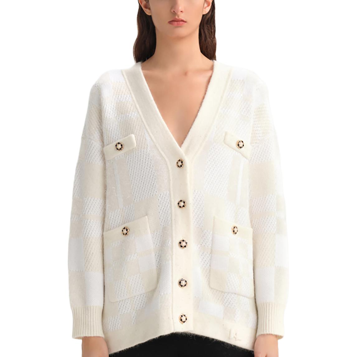 Order (Women) KARL LAGERFELD  White V-Neck Knit Cardigan for Daily Commute 236L2037
