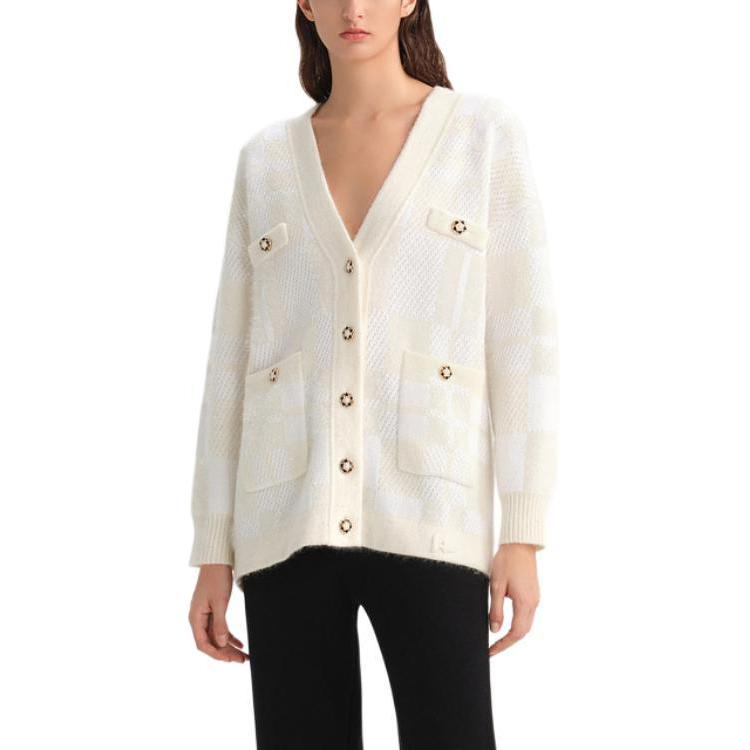 Lookbook (Women) KARL LAGERFELD  White V-Neck Knit Cardigan for Daily Commute 236L2037