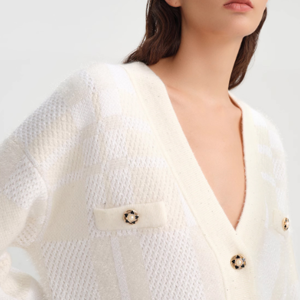 Sizing (Women) KARL LAGERFELD  White V-Neck Knit Cardigan for Daily Commute 236L2037