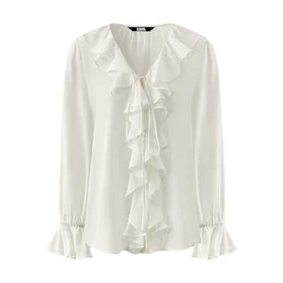 (Women) KARL LAGERFELD White V-Neck Ruffle Long Sleeve Shirt for Work & Business. 241L1607