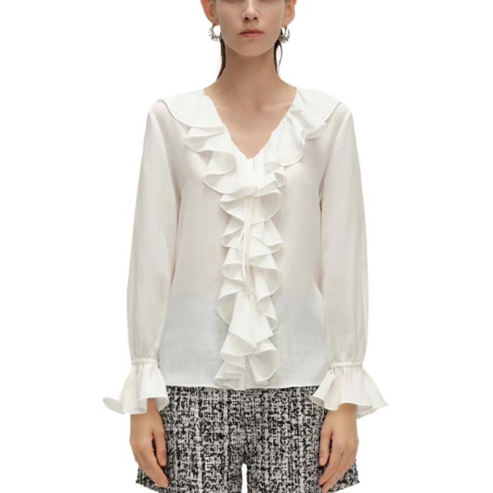 Lookbook (Women) KARL LAGERFELD  White V-Neck Ruffle Long Sleeve Shirt for Work & Business. 241L1607