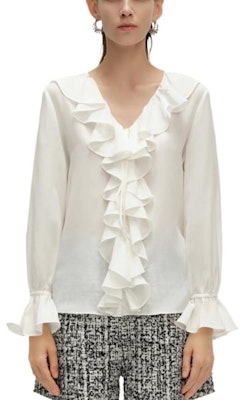 (Women) KARL LAGERFELD White V-Neck Ruffle Long Sleeve Shirt for Work & Business. 241L1607 Lookbook (Women) KARL LAGERFELD White V-Neck Ruffle Long Sleeve Shirt for Work & Business. 241L1607
