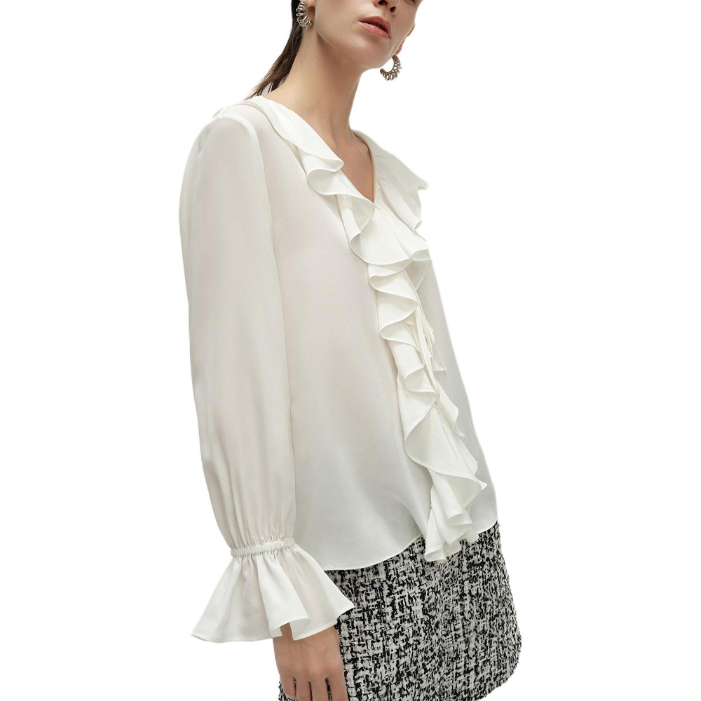 Details for (Women) KARL LAGERFELD  White V-Neck Ruffle Long Sleeve Shirt for Work & Business. 241L1607