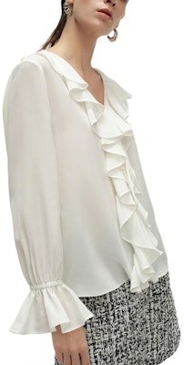 (Women) KARL LAGERFELD White V-Neck Ruffle Long Sleeve Shirt for Work & Business. 241L1607 Details for (Women) KARL LAGERFELD White V-Neck Ruffle Long Sleeve Shirt for Work & Business. 241L1607