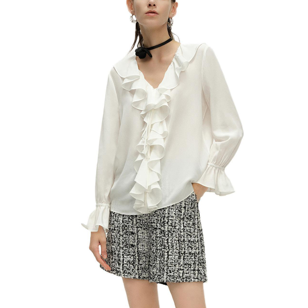 Sizing (Women) KARL LAGERFELD  White V-Neck Ruffle Long Sleeve Shirt for Work & Business. 241L1607