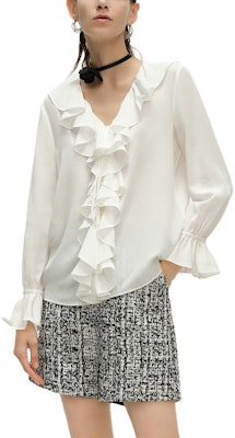 (Women) KARL LAGERFELD White V-Neck Ruffle Long Sleeve Shirt for Work & Business. 241L1607 Sizing (Women) KARL LAGERFELD White V-Neck Ruffle Long Sleeve Shirt for Work & Business. 241L1607