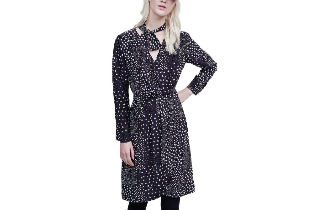 Order (W) KARL LAGERFELD Gaun Hitam Wanita Lengan Panjang V-Neck Cetakan Penuh Midi 220W1301