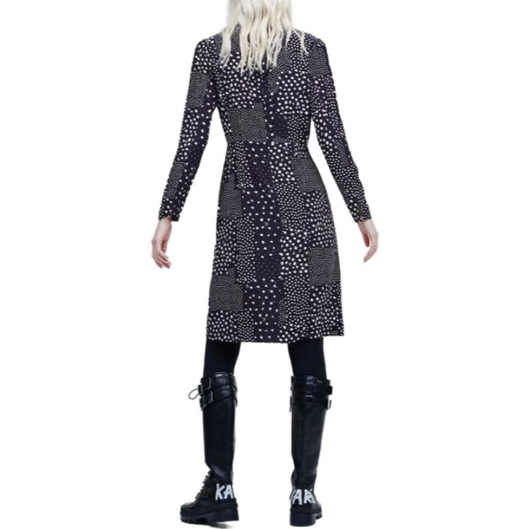 Shop (W) KARL LAGERFELD Gaun Hitam Wanita Lengan Panjang V-Neck Cetakan Penuh Midi 220W1301