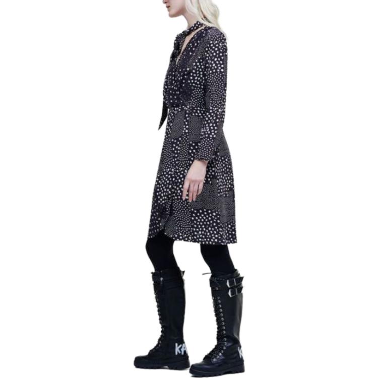 Purchase (W) KARL LAGERFELD Gaun Hitam Wanita Lengan Panjang V-Neck Cetakan Penuh Midi 220W1301