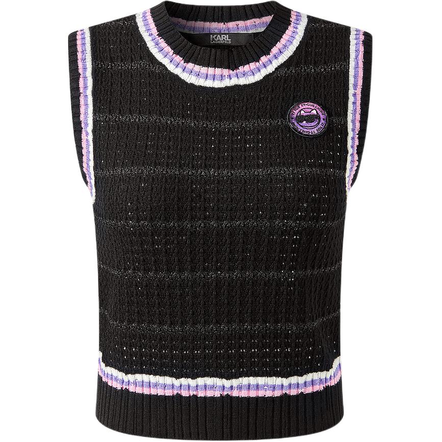 (Women) Karl Lagerfeld Black Striped Letter Print Knit Vest - Casual Luxury. 241L1592