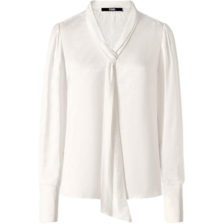(Women) Karl Lagerfeld Chain Pattern V-Neck Tie Long Sleeve Shirt Women White 236L1655