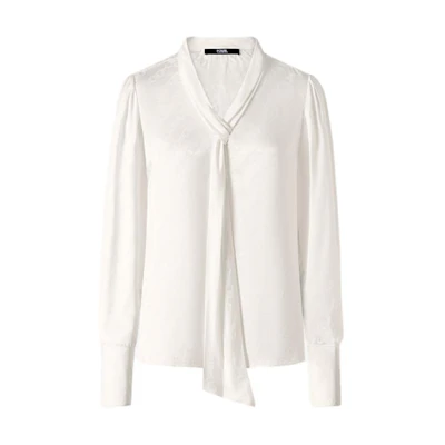 (Women) Karl Lagerfeld Chain Pattern V-Neck Tie Long Sleeve Shirt Women White 236L1655