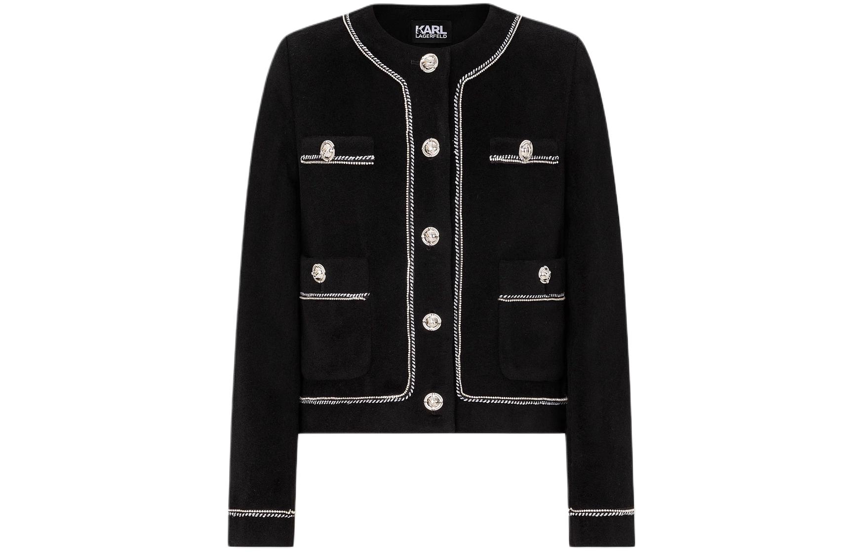 (Women) KARL LAGERFELD Contrast Trim Cropped Button-Up Long Sleeve Jacket Women Black E37W15C7