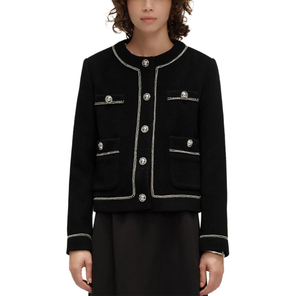Lookbook (Women) KARL LAGERFELD Contrast Trim Cropped Button-Up Long Sleeve Jacket Women Black E37W15C7