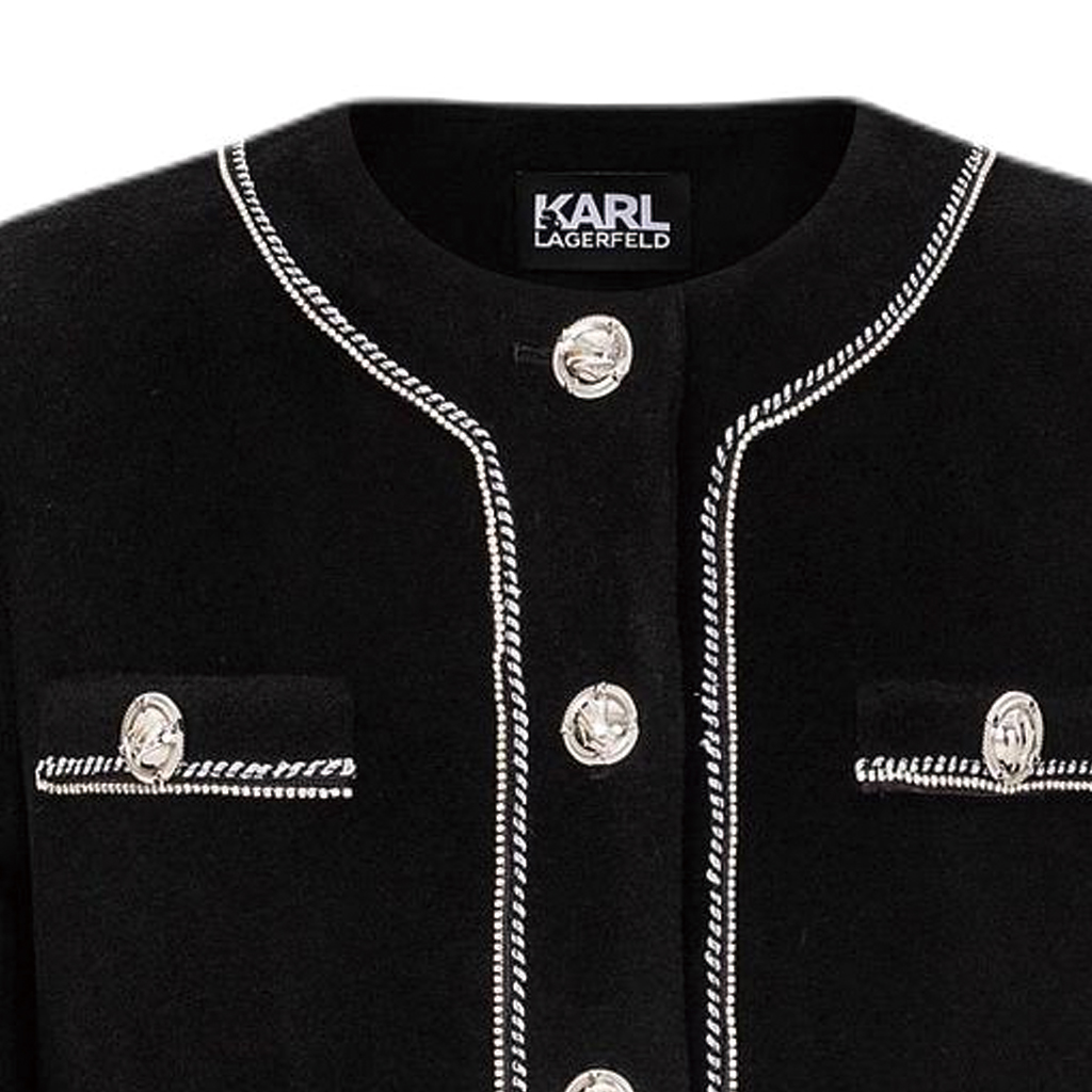 Details for (Women) KARL LAGERFELD Contrast Trim Cropped Button-Up Long Sleeve Jacket Women Black E37W15C7