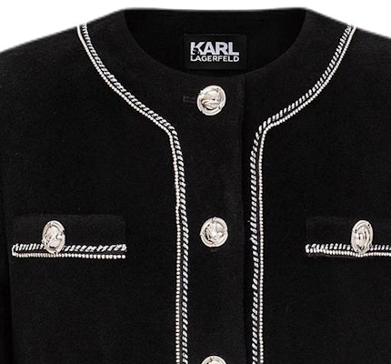(Women) KARL LAGERFELD Contrast Trim Cropped Button-Up Long Sleeve Jacket Women Black E37W15C7 Details for (Women) KARL LAGERFELD Contrast Trim Cropped Button-Up Long Sleeve Jacket Women Black E37W15C7