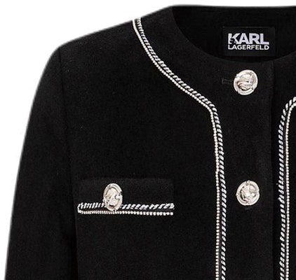 (Women) KARL LAGERFELD Contrast Trim Cropped Button-Up Long Sleeve Jacket Women Black E37W15C7 Sizing (Women) KARL LAGERFELD Contrast Trim Cropped Button-Up Long Sleeve Jacket Women Black E37W15C7