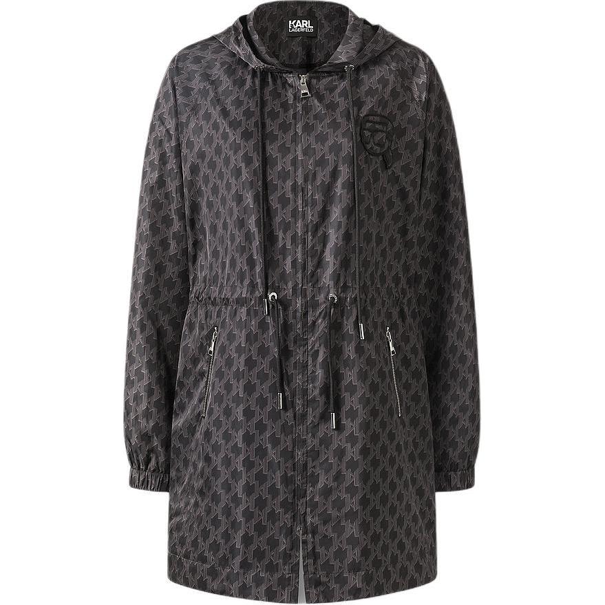 Order (Women) KARL LAGERFELD FW23  Black Logo Print Mid-Length Hooded Coat. 236L1567