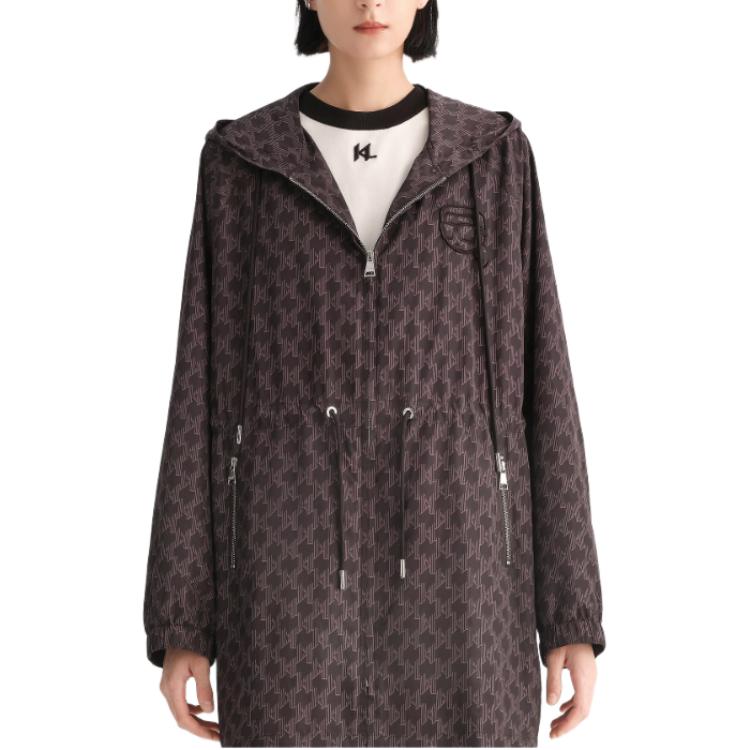 Lookbook (Women) KARL LAGERFELD FW23  Black Logo Print Mid-Length Hooded Coat. 236L1567