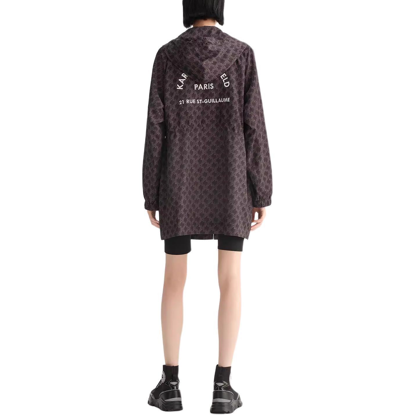 Purchase (Women) KARL LAGERFELD FW23  Black Logo Print Mid-Length Hooded Coat. 236L1567