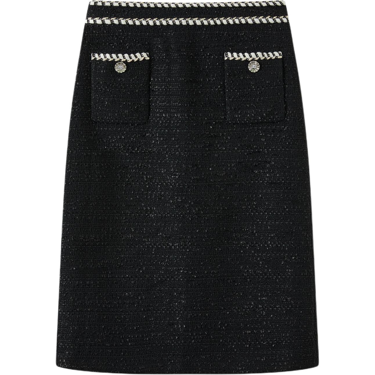 Order (W) KARL LAGERFELD FW23 Gaun Midi A-Line Hitam Kasual dengan Desain Kancing Solid 236L1218