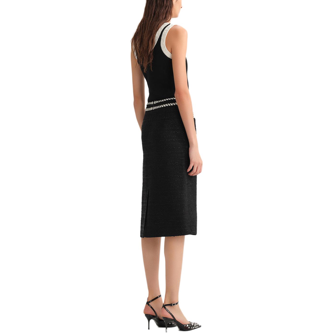 Purchase (W) KARL LAGERFELD FW23 Gaun Midi A-Line Hitam Kasual dengan Desain Kancing Solid 236L1218