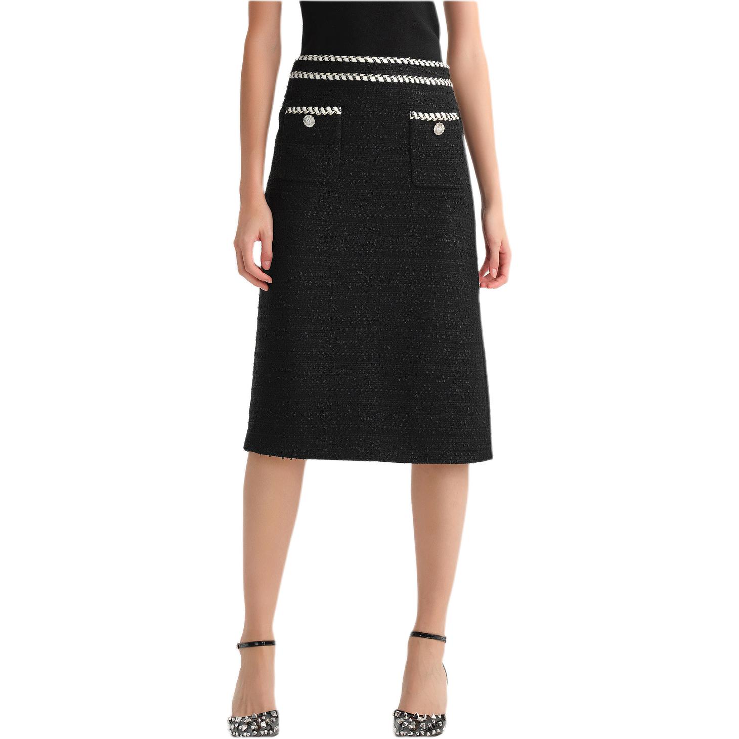 Sizing (W) KARL LAGERFELD FW23 Gaun Midi A-Line Hitam Kasual dengan Desain Kancing Solid 236L1218