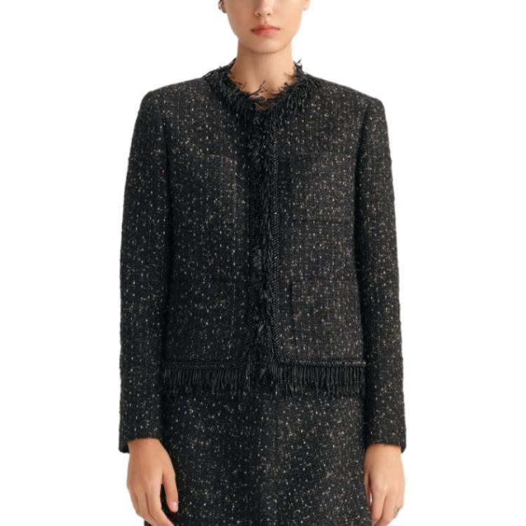 (Women) KARL LAGERFELD FW23  Black Tweed Fringe Cropped Jacket 236L1415