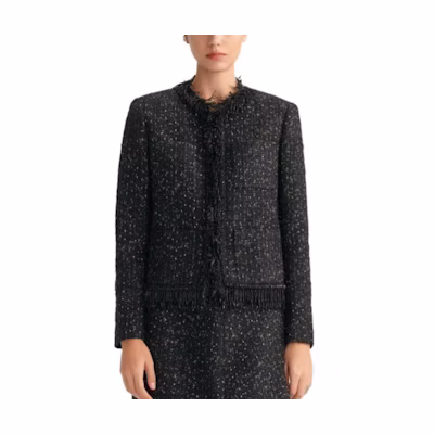(Women) KARL LAGERFELD FW23 Black Tweed Fringe Cropped Jacket 236L1415