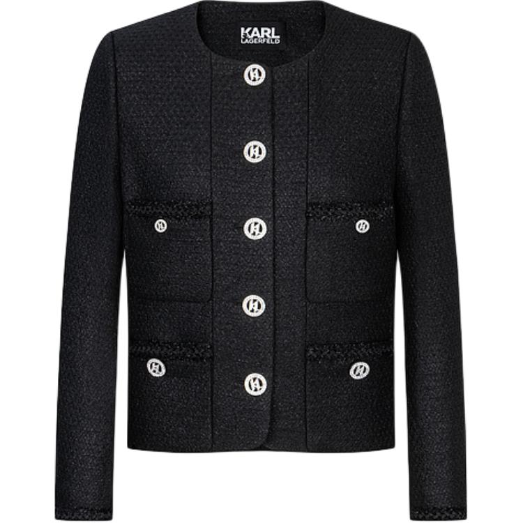 (Women) KARL LAGERFELD FW23  Black Tweed Single-Breasted Long Sleeve Jacket. 237W1599