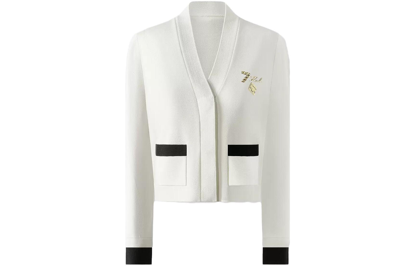 Order (Women) KARL LAGERFELD FW23  Colorblock Logo V-Neck Knit Sweater White 236L2083