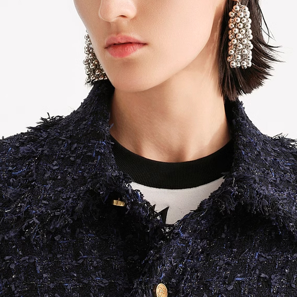 Sizing (W) カール ラガーフェルド FW23 ツイード パッチワーク シングルブレスト ジャケット ネイビー 236L1657