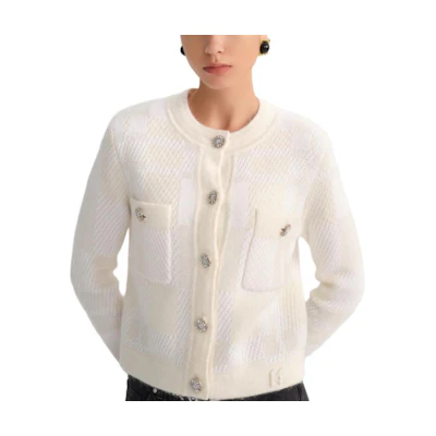 (Women) KARL LAGERFELD FW23 White Single-Breasted Tweed Long Sleeve Jacket 236L2049