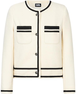 (Women) KARL LAGERFELD FW23 Colorblock Round Neck Short Jacket Beige (). E36W1496 Buy (Women) KARL LAGERFELD FW23 Colorblock Round Neck Short Jacket Beige (). E36W1496