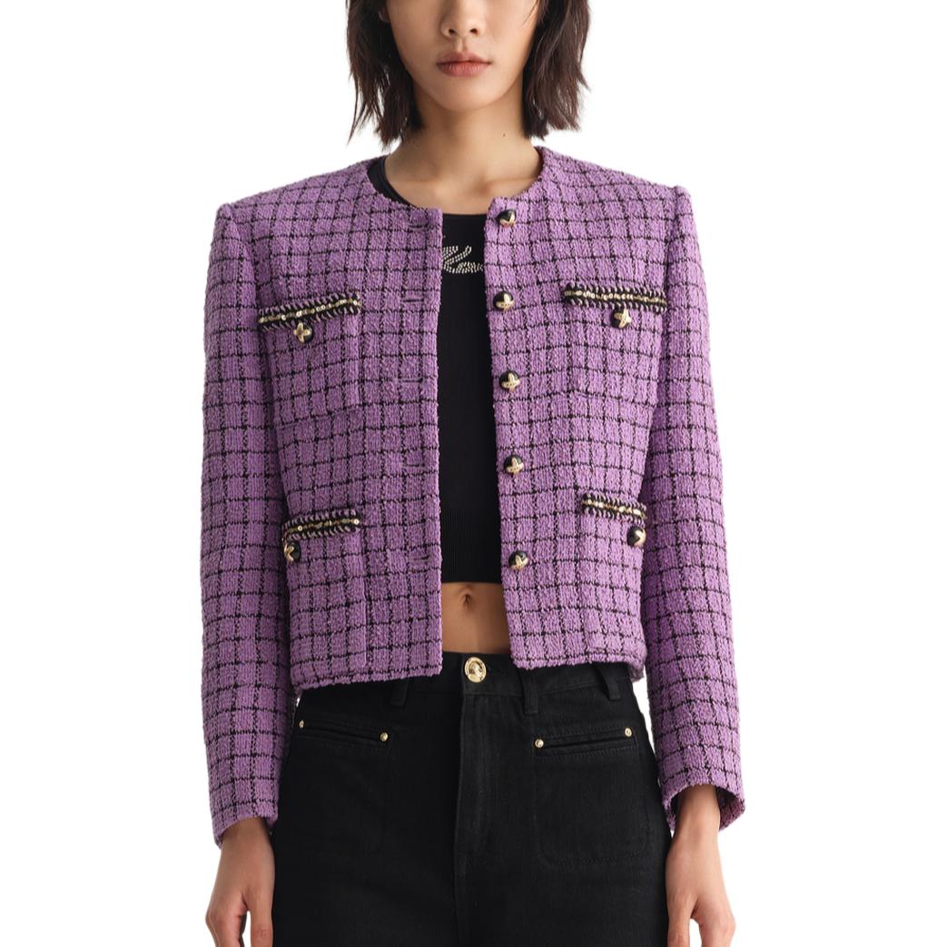 (Women) Karl Lagerfeld Purple Tweed Cropped Button-Up Jacket for Women 231L1406 圖 5