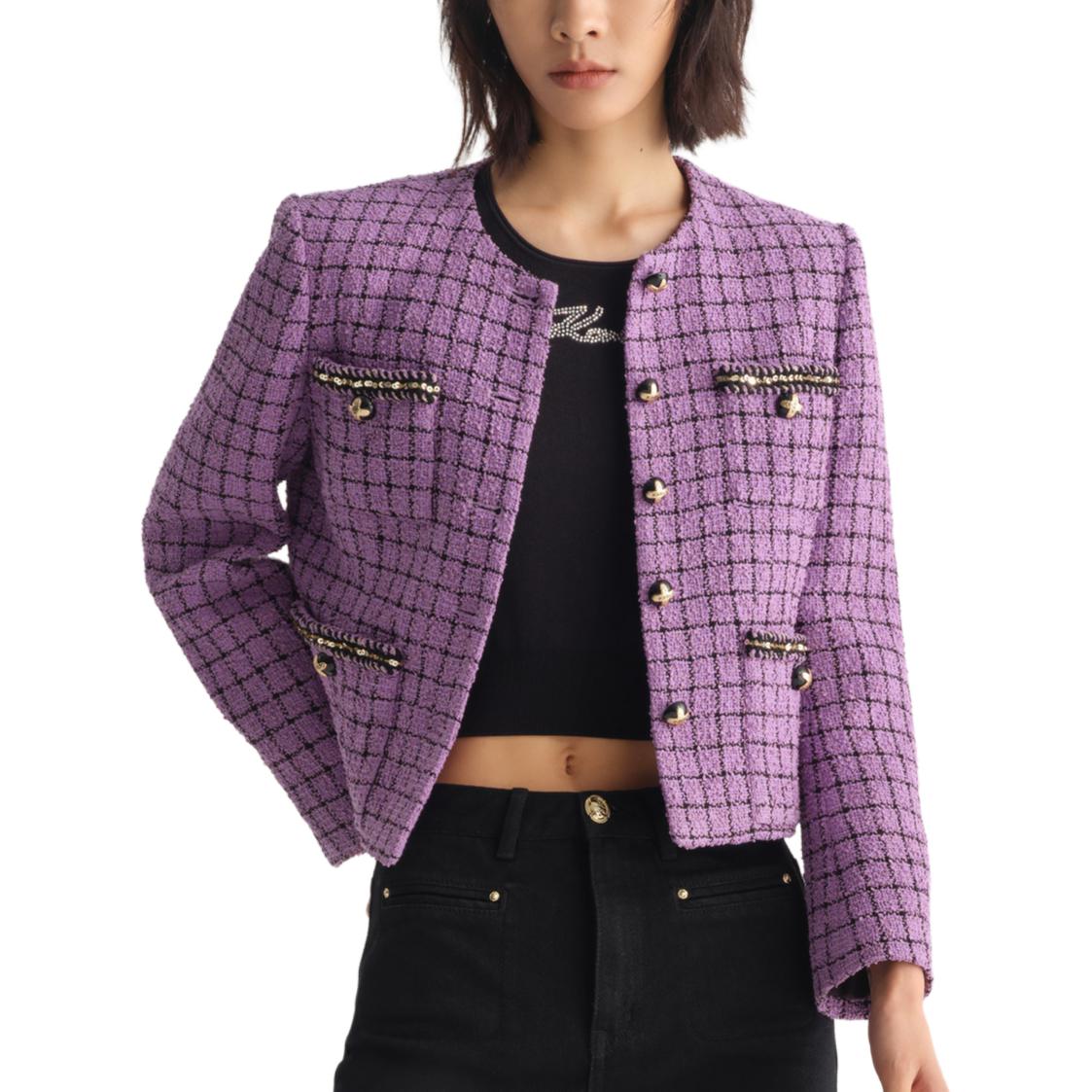 (Women) Karl Lagerfeld Purple Tweed Cropped Button-Up Jacket for Women 231L1406 圖 6