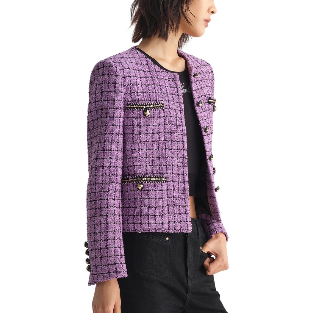 (Women) Karl Lagerfeld Purple Tweed Cropped Button-Up Jacket for Women 231L1406 圖 8