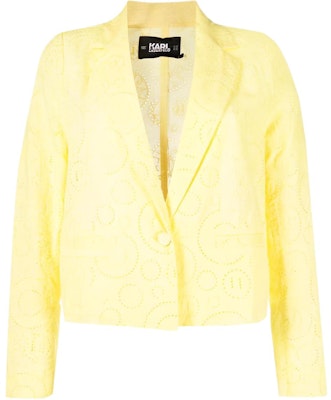 (Women) KARL LAGERFELD SS23 Yellow Cropped Long Sleeve Blazer with Hollow Design 231W1401727 Buy (Women) KARL LAGERFELD SS23 Yellow Cropped Long Sleeve Blazer with Hollow Design 231W1401727