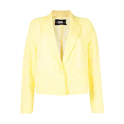 (Women) KARL LAGERFELD SS23 Yellow Cropped Long Sleeve Blazer with Hollow Design 231W1401727