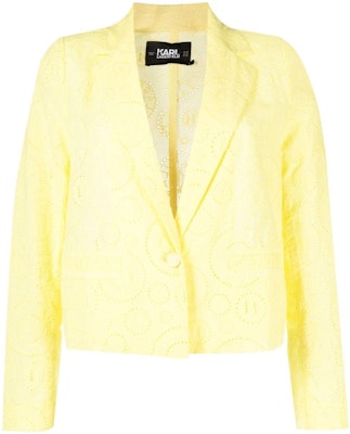 (Women) KARL LAGERFELD SS23 Yellow Cropped Long Sleeve Blazer with Hollow Design 231W1401727 Order (Women) KARL LAGERFELD SS23 Yellow Cropped Long Sleeve Blazer with Hollow Design 231W1401727