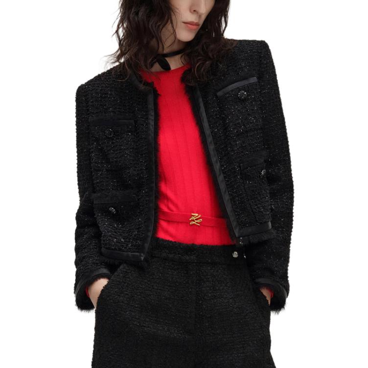 (Women) KARL LAGERFELD SS24  Black Cropped Woven Long-Sleeve Jacket. 241L1410