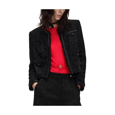 (Women) KARL LAGERFELD SS24 Black Cropped Woven Long-Sleeve Jacket. 241L1410