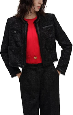 (Women) KARL LAGERFELD SS24 Black Cropped Woven Long-Sleeve Jacket. 241L1410 Details for (Women) KARL LAGERFELD SS24 Black Cropped Woven Long-Sleeve Jacket. 241L1410