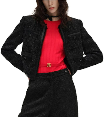 (Women) KARL LAGERFELD SS24 Black Cropped Woven Long-Sleeve Jacket. 241L1410 Sizing (Women) KARL LAGERFELD SS24 Black Cropped Woven Long-Sleeve Jacket. 241L1410